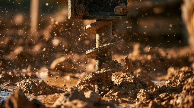 Industrial earth auger drilling into wet mud isolated on transparent background. Concept for construction development or heavy equipment machinery advertisement.
