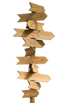 Wooden signpost with multiple arrows pointing in different directions