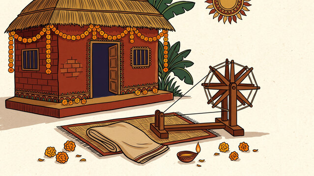 Mahatma gandhi jayanti celebration with charkha and village hut