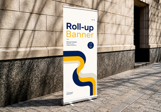 Frontal Roll Up Banner Stand Mockup on Urban Sidewalk