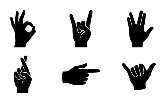Set of Six Black Silhouette Hand Gestures, Including OK, Rock On, Vulcan Salute, Crossed Fingers, Pointing Finger, and Shaka Sign, Vector Icons for Communication and Expression