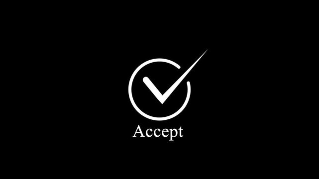 Animated  Check mark in a square box against a black background with text accept icon and 4k video..