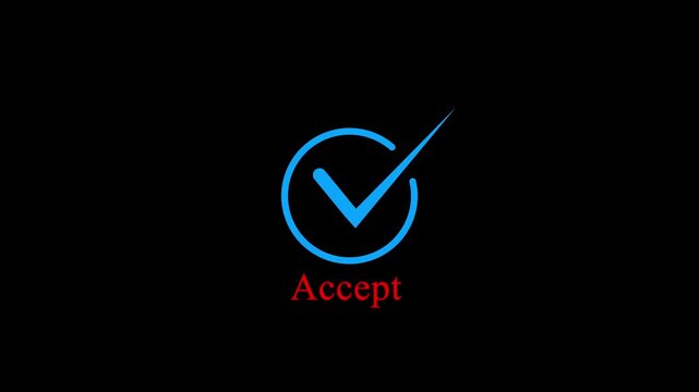 Animated  Check mark in a square box against a black background with text accept icon and 4k video..