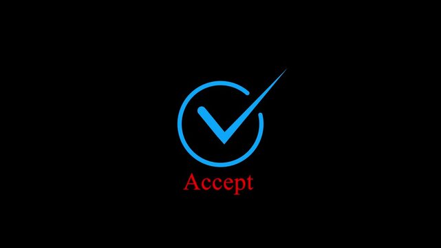 Animated  Check mark in a square box against a black background with text accept icon and 4k video..