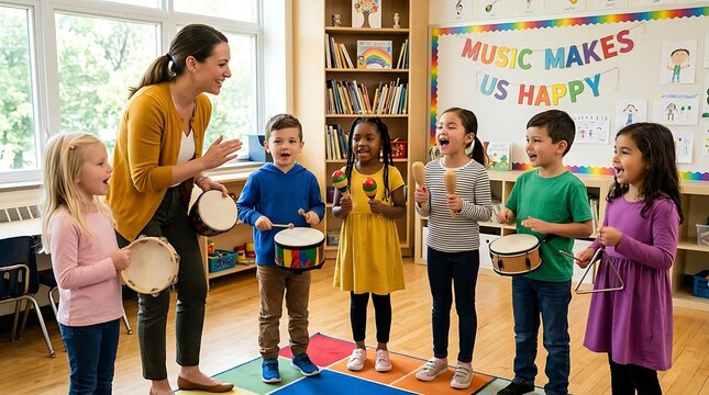 Teacher and young children playing musical instruments and singing in classroom with children