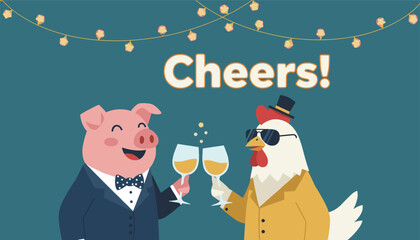 Fototapeta premium Cute cartoon pig and chicken dressed in formal suits clinking wine glasses with cheers text on teal background.
