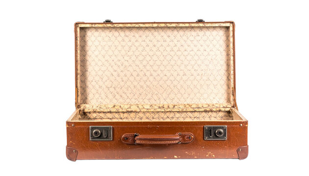 Old brown suitcase standing open with empty compartment, leather corners, metal buckles and handle, transparent background