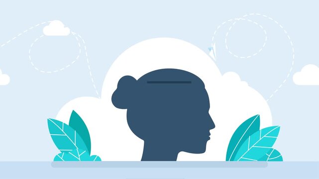 Seeking answer. Thoughts enter the brain. Propaganda. Silhouette of woman`s head. Side ways. Influence of others on a person's thinking. Thinking and opinion of internal voice. 2d flat animation