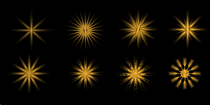 Create a premium collection of 8 unique golden starburst sparkle effects arranged in a clean 4-column &times; 2-row layout on a pure black background. Each sparkle must have a brilliant warm golden-yellow c