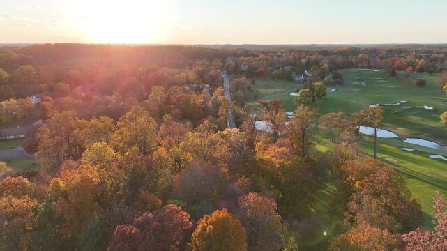 Aerial View of a Residential Neighborhood Near a Golf Course in Greenville, Delaware in Autumn 