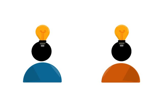 Idea sharing concept showing two people exchanging a light bulb, representing collaboration, creativity, communication, and knowledge exchange.