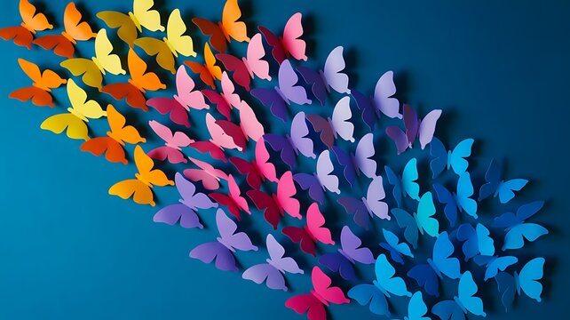 Colorful paper butterflies arranged in a flowing diagonal pattern on a dark blue background, symbolizing freedom, creativity and transformation
