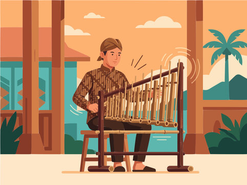 Javanese Man Playing Traditional Angklung Instrument