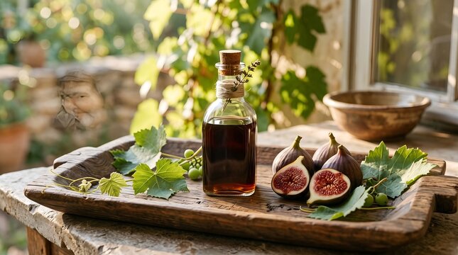 Balsamic vinegar bottle with fresh figs on a rustic wooden tray in a sunny garden