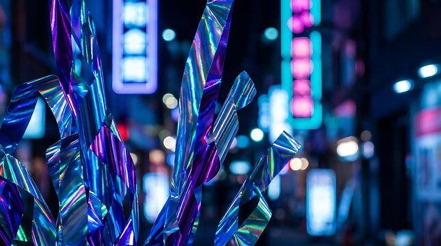 Abstract iridescent shards in a neon city night.