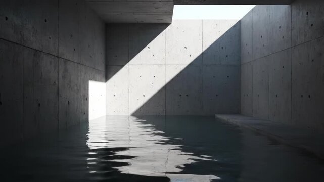 Minimalist concrete room with sunlight reflecting on still water