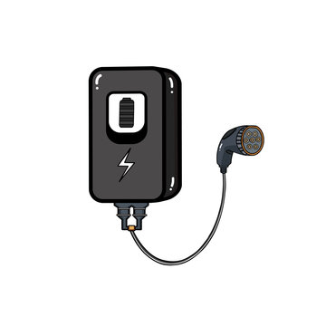 Vector illustration of an electric vehicle wall box charger with charging cable and two plug charging connector with battery indicator full charge, lightning bolt symbol, modern charging equipment