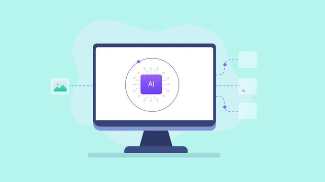 Modern flat vector animation showing a computer monitor with an artificial intelligence interface and connected data icons, representing AI technology, machine learning, automation, data analysis, and