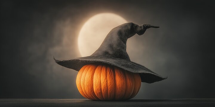Halloween holiday. Halloween pumpkin with a magic black hat, magical pumpkin head, wizard in a hat, beautiful pumpkin with a magic hat. High quality