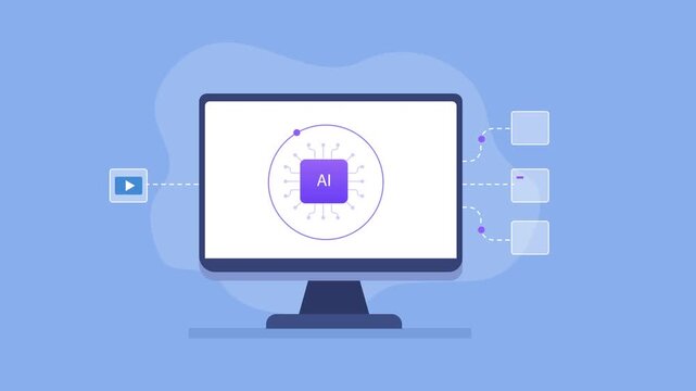 Modern flat vector animation showing a computer monitor with an artificial intelligence interface and connected video, document, and analytics icons, representing AI technology, media processing, auto