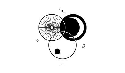 Minimalist geometric celestial composition with sun rays crescent moon and abstract shapes black and white modern design mystical vector astrology art sacred geometry mystical © Shamim