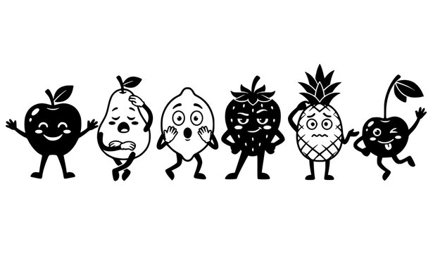 Cute cartoon fruit characters with funny facial expressions and limbs as vector illustrations apple character pear character lemon character strawberry character pineapple character cherry chara