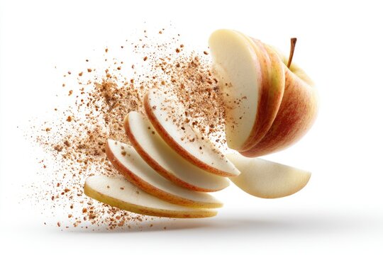 A sliced apple with pieces seemingly flying apart, surrounded by a burst of cinnamon powder on a white background.