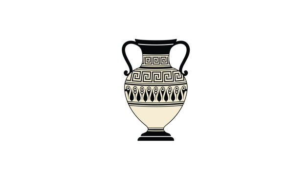 Ancient Greek ceramic amphora vase decorated with black geometric patterns and classic wave lines, isolated vector graphic.