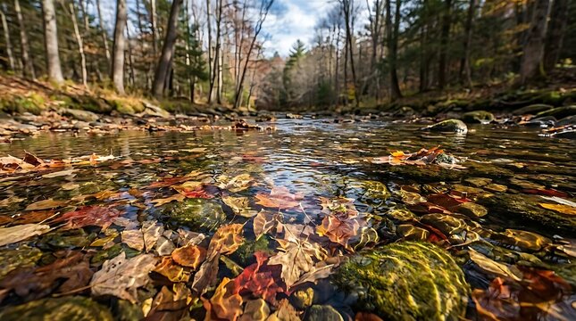 Autumn leaves in clear forest stream water.