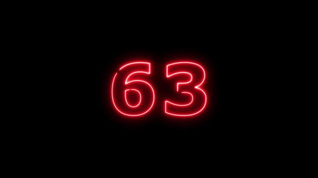 Abstract beautiful red neon business counting number 63 icon conceptual background 4k animation.