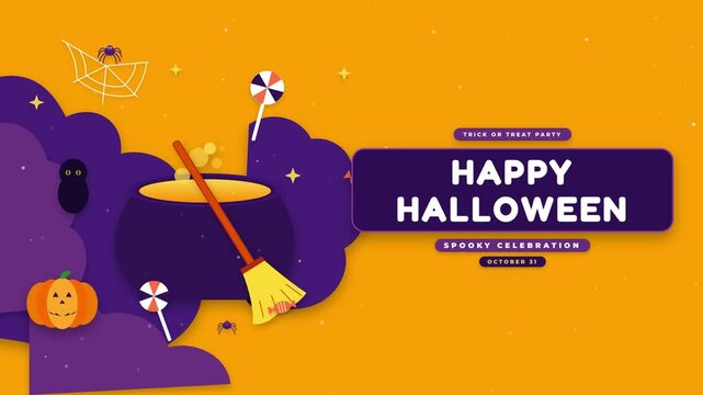 Happy Halloween Horizontal Banner Set with Witch Cauldron Pumpkin and Spooky Decorations
