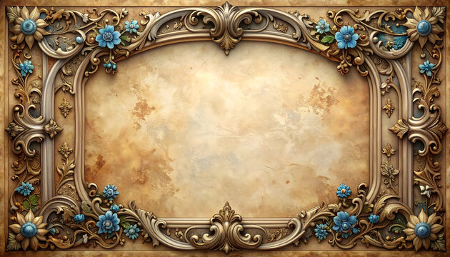 Ornate frame displays intricate silver metalwork on parchment in elegant antique baroque decorative style generative AI