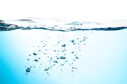Air bubbles float up underwater. pure drinking water, oxygen relaxation. splashing clean and clear water textured. water on white background