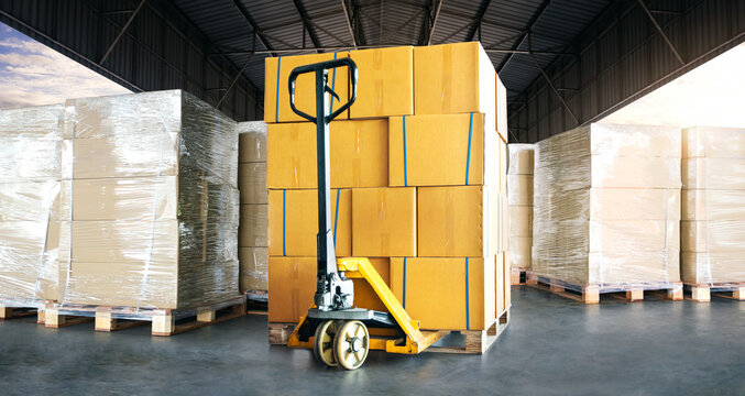Bulk of Package Boxes Shipment. Forklift Pallet Truck Loader. Cardboard Boxes. Supply Chain Distribution Warehouse. Goods Shipment. Warehouse Shipping Logistics	
