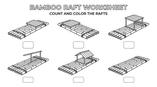 Bamboo raft counting and coloring educational worksheet.