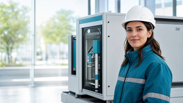 Female industrial engineer in white hard hat, professional woman technician in blue uniform, modern factory worker at machinery