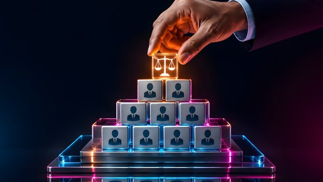Legal ethics and corporate governance concept with hand placing scale of justice icon on hierarchy pyramid of business people blocks