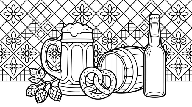 Oktoberfest Coloring Page Beer Mug Barrel Pretzel Hops Bottle