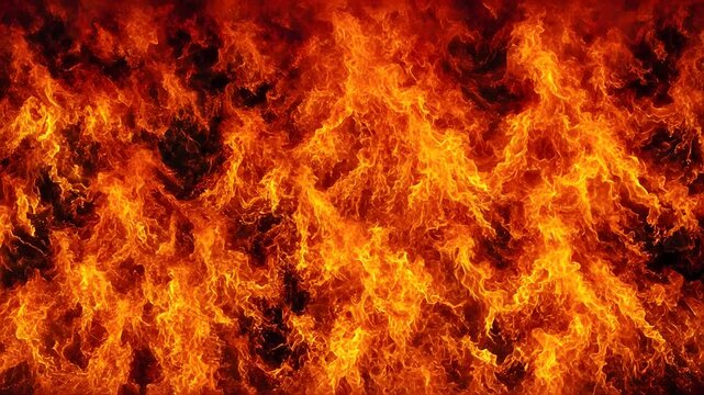 Intense burning fire wall background with orange and red flames