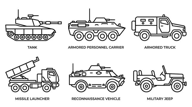 Black and white military vehicle line art icons.