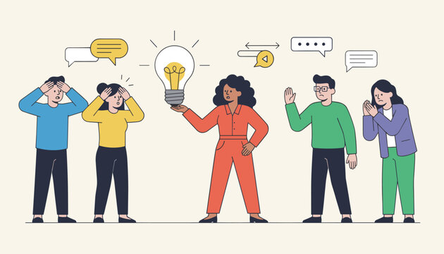 Flat vector illustration of a confident woman holding a giant lightbulb representing an innovative idea while others react with confusion.