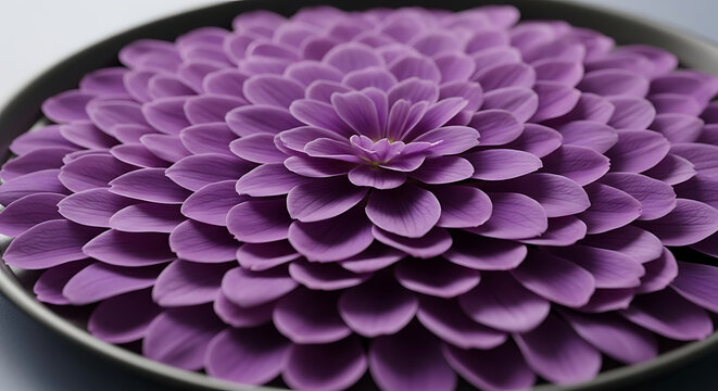 A single purple dahlia flower head displayed centered on a dark circular plate surface background with flower symmetrical layered