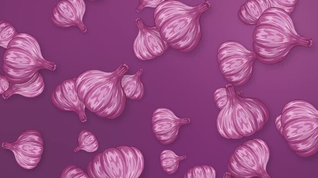 Animated Garlic Bulbs Falling Slowly Over a Purple Mesh Background