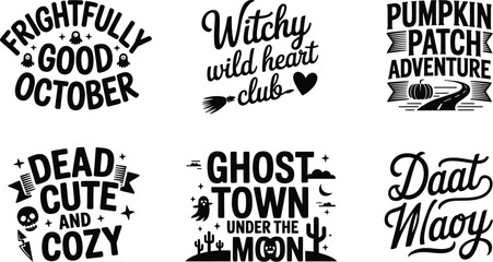 Obraz premium Halloween quotes set, spooky typography bundle, 6 black vector designs Editable Vector