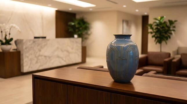 Blue ceramic vase on desk in modern reception area.