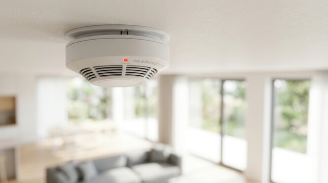 White smoke and fire detector with red status light mounted on a ceiling in a modern home.