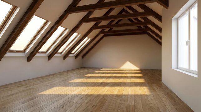 Empty attic room with wooden beams and skylights casting sunlight shadows.