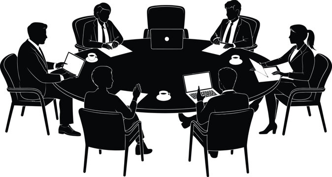 Round table business meeting with seven silhouettes in discussion conference