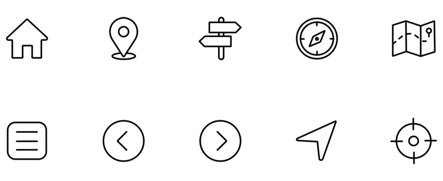Minimalist navigation icon set, 10 black line map and location symbols, thin stroke travel vector elements for web and mobile apps