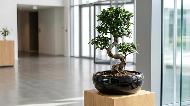 Bonsai tree in black pot within minimalist hallway.